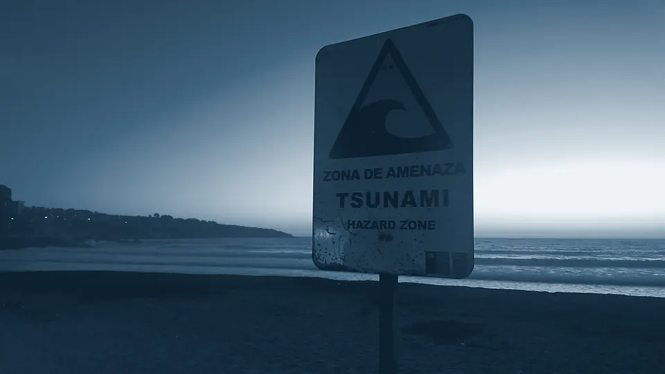 Letrero de zona de amenaza de tsunami en una playa, al atardecer